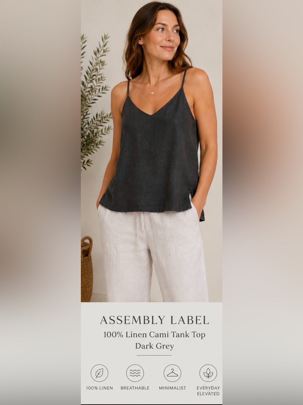 Assembly Label 100% Linen Black Cami Tank Top Size 12 Minimalist